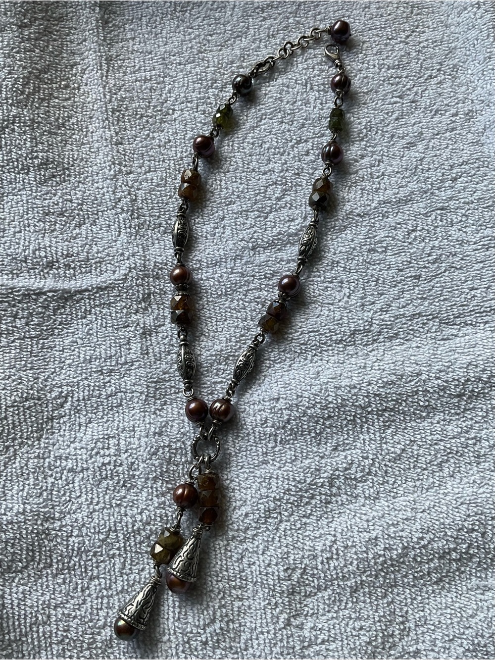 Beaded Brown and Deep Rose Tassel Necklace -